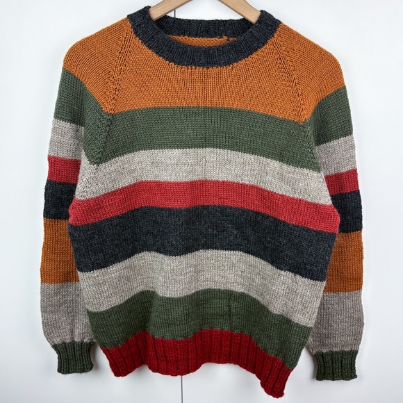 Vintage Wool Autumn Fall Striped Crew Neck Sweater Pumpkin Orange Red Green Gray - Picture 1 of 5